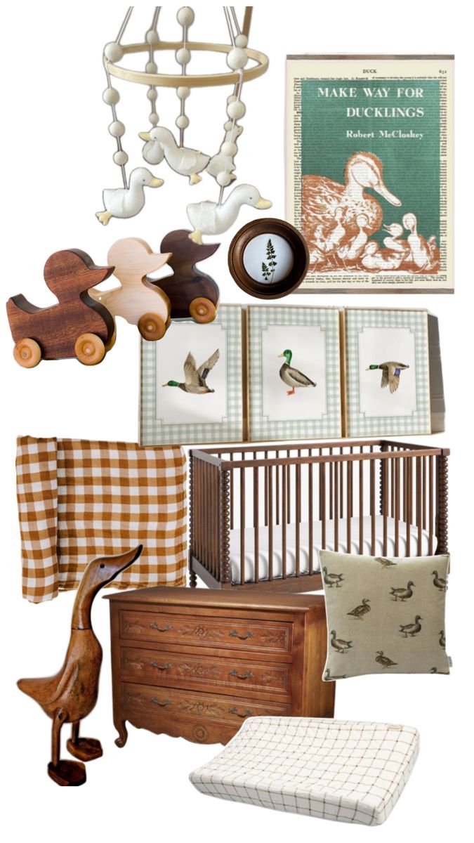 a baby's room with wooden furniture and accessories