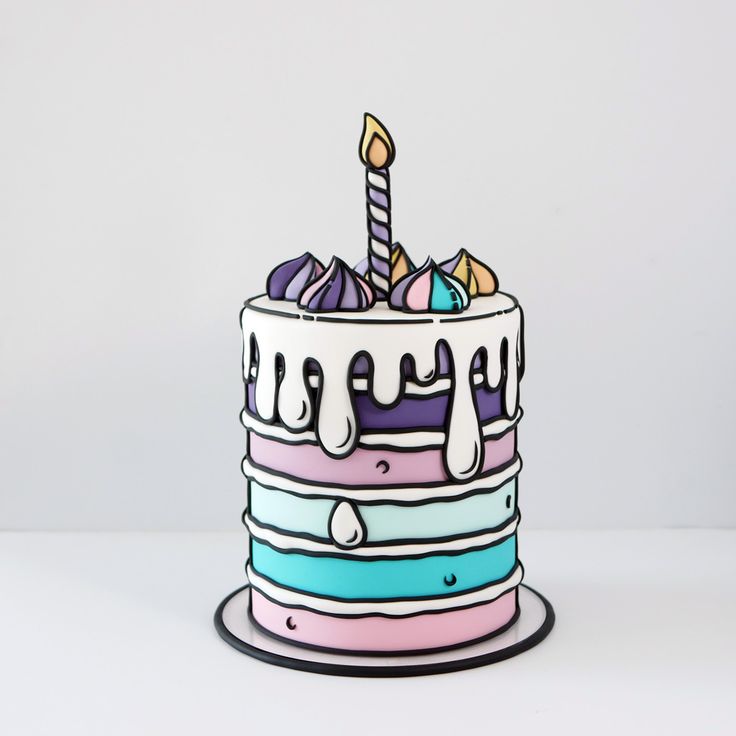 a multicolored birthday cake with a single candle on it's icing