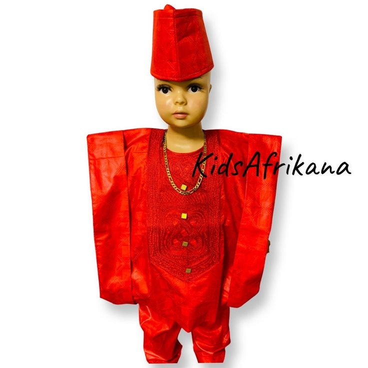 Three-piece African Brocade/Cotton Boys' outfit for birthdays, weddings, school cultural events, photo shoot and other special events. This listing/set includes pants/sokoto, top/buba, and robe/agbada. The hat is complementary. Colors: Red Contact us for other colors of your choice. This listing is a complete traditional outfit worn by the Yoruba people of Nigeria who are known for their rich cultural heritage. Features: Loose Top/Robe Elasticated loose/fitted pants Rich Embroidery Comfortable h Agbada Outfit, African Kids Clothes, Yoruba People, Loose Fitting Pants, Fitted Pants, Traditional Outfit, African Children, Loose Top, Cultural Events