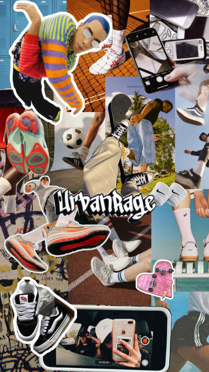 a collage of various images including skateboards, shoes and other things that appear to have been altered