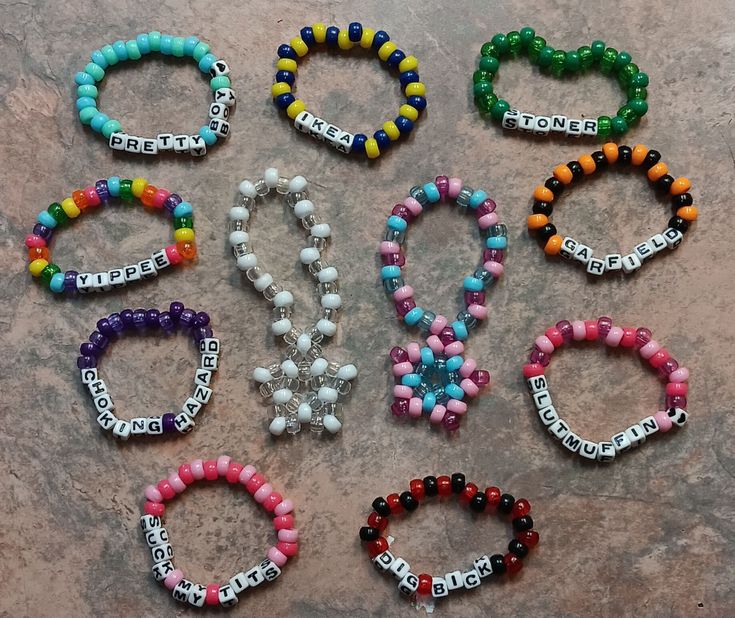 Dirty Kandi Bracelets, Candi Ideas Rave, Rave Kandi Ideas Funny, Candi Bracelet Idea, Funny Kandi Bracelets Sayings, Subtronics Kandi, Bracelet Ideas Loom, Matching Bead Bracelets For Couples, Emo Kandi Bracelets