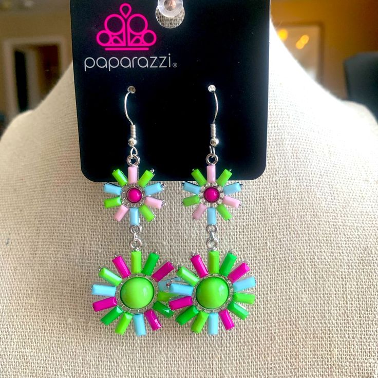 Multicolored Flower Earrings Fish Hook Style Spring Red Dangle Flower Earrings, Multicolor Dangle Flower Earrings For Summer, Playful Green Earrings For Party, Multicolor Flower Earrings For Spring Party, Playful Green Earrings For Parties, Trendy Multicolor Flower Earrings For Summer, Adjustable Multicolor Flower Earrings For Summer, Colorful Dangle Earrings For Spring, Spring Multicolored Dangle Earrings