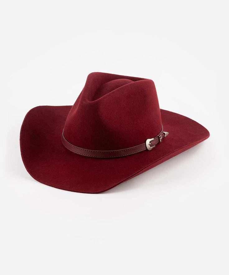 The Dean Western Hat features a pinched crown and a natural mid-length upturned brim with an attached tonal leather band + silver buckle detailing. The Dean is a classic timeless style hat with a touch of modern refinement. Classic Leather Felt Hat With Curved Brim, Elegant Leather Brimmed Felt Hat, Elegant Brimmed Leather Felt Hat, Classic Fur Felt Hats For Western-themed Events, Classic Leather Felt Hat With Short Brim, Classic Wide Brim Leather Felt Hat, Classic Fitted Burgundy Hat, Classic Leather Wide Brim Felt Hat, Formal Leather Wide Brim Felt Hat