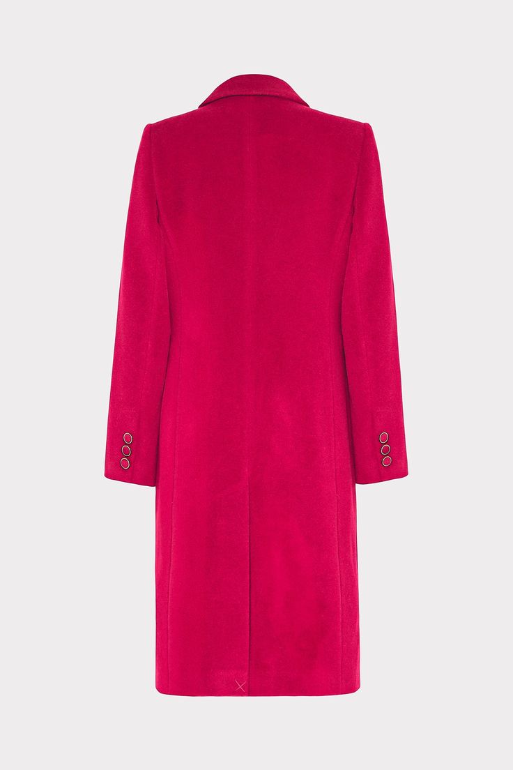 Stay warm in this hot pink wool blend coat. The playful hue is balanced by the classic cut, featuring a single breasted button and sleek lapel. Style it over a simple outfit for major contrast, or wear it over an equally eye-catching dress to keep your evening wear interesting, even as the weather cools. Pink Double-breasted Outerwear With Hidden Buttons, Pink Double-breasted Formal Outerwear, Pink Elegant Double-breasted Outerwear, Classic Pink Outerwear With Double-breasted Button, Classic Pink Double-breasted Outerwear, Classic Pink Wool Outerwear, Pink Outerwear With Lapel Collar And Double-breasted Fastening, Pink Wool Coat For Workwear, Pink Wool Blazer For Work