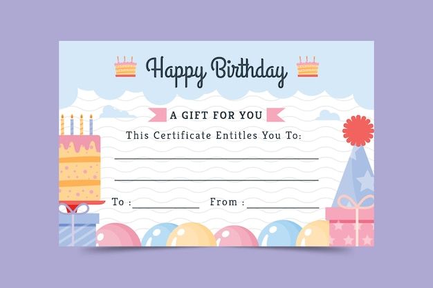 a birthday gift certificate with balloons and cake on it, in pastel blue background