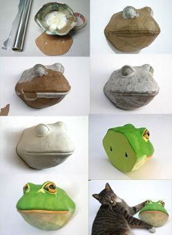 there are many pictures of different items made to look like frogs and toades, with one cat laying on the floor