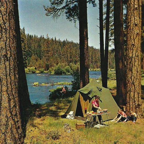 two people sitting at a picnic table next to a tent in the woods near a lake