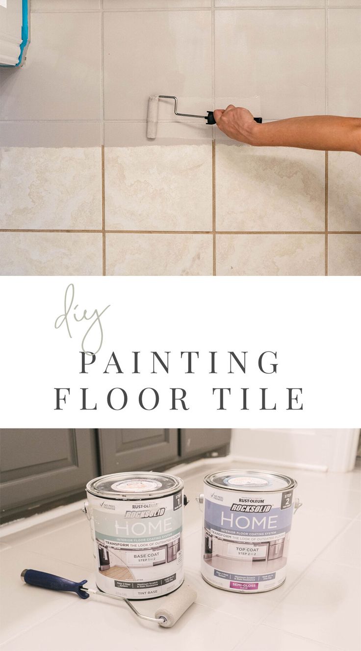 a person painting tile with paint rollers on the counter and two buckets next to it