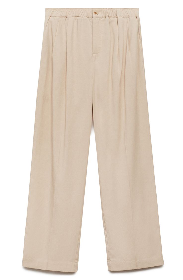 Pleated details add a crisp finish to these classic trousers made from a linen-kissed blend with a straight-leg silhouette. Zip fly with button closure Back elastic waist Front slant pockets Lined 83% lyocell, 12% cotton, 5% linen Machine wash, line dry Imported Chic Beige Pants With Straight Hem, Tailored Linen Wide Leg Pants For Business Casual, Beige Straight Hem Pants For Office, Beige Straight Hem Bottoms For Workwear, Beige Straight Hem Bottoms For Office, Beige Bottoms With Straight Hem For Office, Elegant Linen Wide-leg Dress Pants, Beige Wide Leg Cotton Pants With Straight Hem, Beige Cotton Wide Leg Pants With Straight Hem