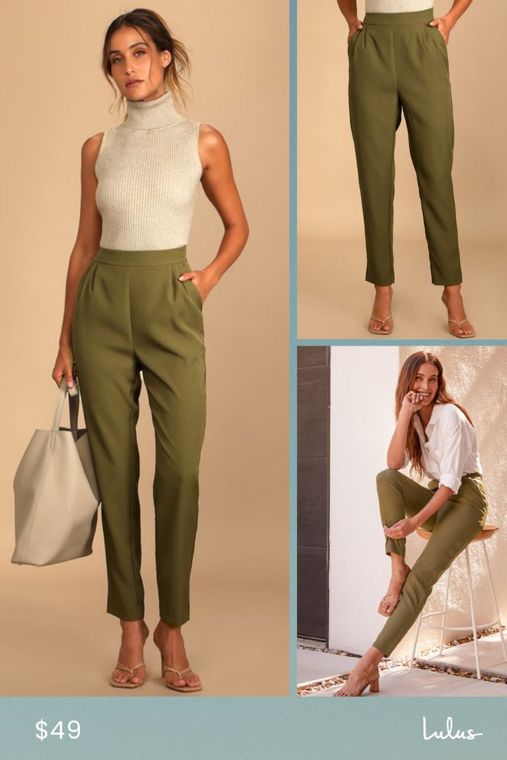 Your workday will go so smoothly with a cup of coffee and the Lulus Like Clockwork Olive Green Trouser Pants! These office-chic pants are composed of woven twill that shapes a high banded waist with two diagonal pockets and pleated accents for a tailored look. Relaxed pants legs end at tapered, ankle-length hems. Hidden side zipper/clasp. Fit: This garment fits true to size. Length: Ankle length. Size medium Inseam: 28.00 Front Rise: 11.50 Waist: Fitted - very fitted at natural waist. Hip: Loose Chic Tapered Leg Spring Work Pants, Chic Tapered Leg Work Pants For Spring, Chic Spring Tapered Leg Work Pants, Chic Solid Ankle-length Work Pants, High Waisted Olive Pants, Office Chic Bottoms For Spring Workwear, Khaki Pants With Welt Pockets For Work, Chic Tapered Leg Dress Pants For Workwear, Office Lady Workwear Bottoms With Pockets