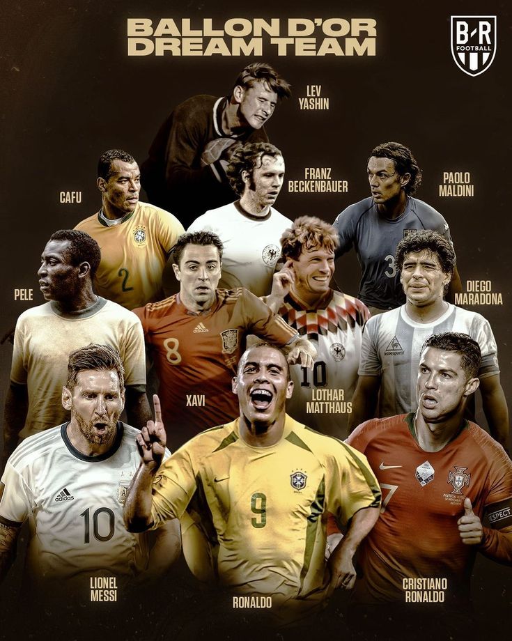 a group of men standing next to each other in front of a black background with the words ballon d'or dream team