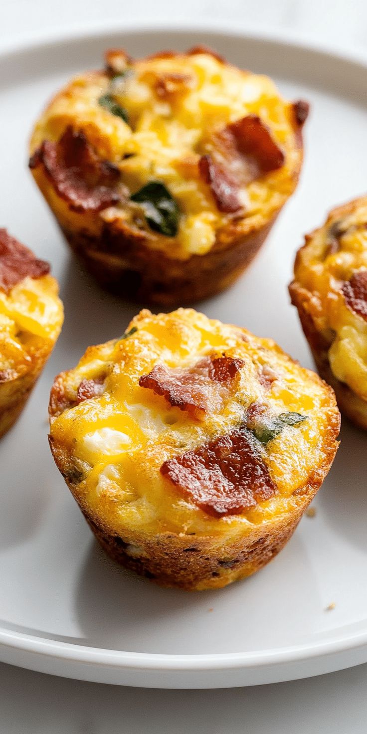 four bacon and cheese muffins on a white plate