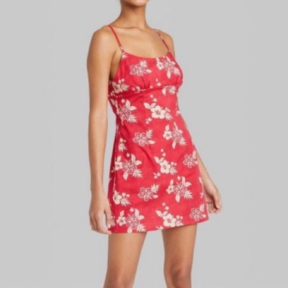 Red Floral Dress With Hawaiian Flowers Sleeveless Woven Bodycon Style 97% Cotton 3% Spandex New With Tags Flirty Red Sundress For The Beach, Flirty Red Sundress For Beach, Red Fitted Summer Sundress, Red Fitted Sundress For Summer, Fitted Red Summer Sundress, Fitted Red Mini Dress For Vacation, Red Fitted Casual Sundress, Red Flirty Sundress, Red Fitted Sundress With Spaghetti Straps