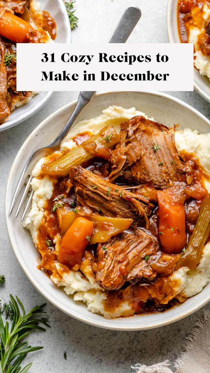 three bowls filled with meat and vegetables on top of mashed potatoes, next to a fork