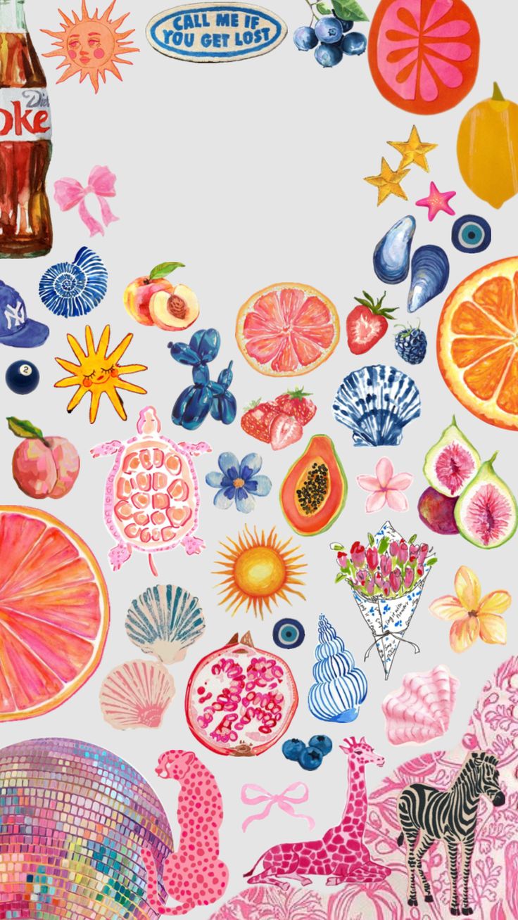 an assortment of fruit and vegetables are depicted in this illustration, including oranges, watermelon, grapefruit, lemonade, blueberries, and other fruits