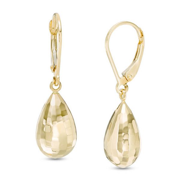 Elevate any outfit with these shimmering drop earrings. Fashioned in warm 14K gold, each earring features a puffed teardrop that catches and reflects light with its faceted design. Polished to a bright shine, these earrings secure with lever backs. Faceted Briolette Teardrop Earrings, Formal Diamond-cut Pear Teardrop Earrings, Formal Diamond Cut Teardrop Earrings, Formal Teardrop Pear-shaped Diamond Cut Earrings, Formal Pear-shaped Diamond Cut Teardrop Earrings, Gold Teardrop Earrings With Polished Finish, Gold Teardrop Earrings With Diamond Cut, Gold Diamond Cut Teardrop Earrings, Classic Teardrop Diamond Cut Earrings