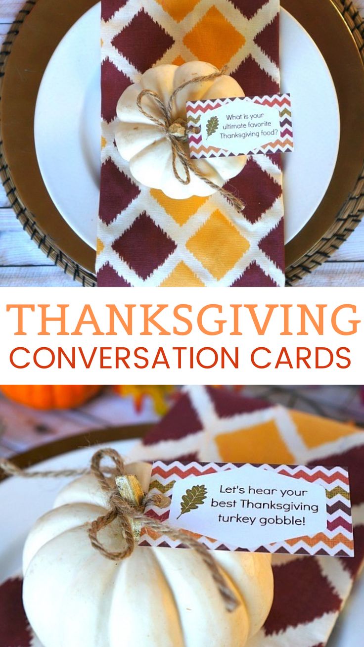 thanksgiving conversation cards on a plate with pumpkins