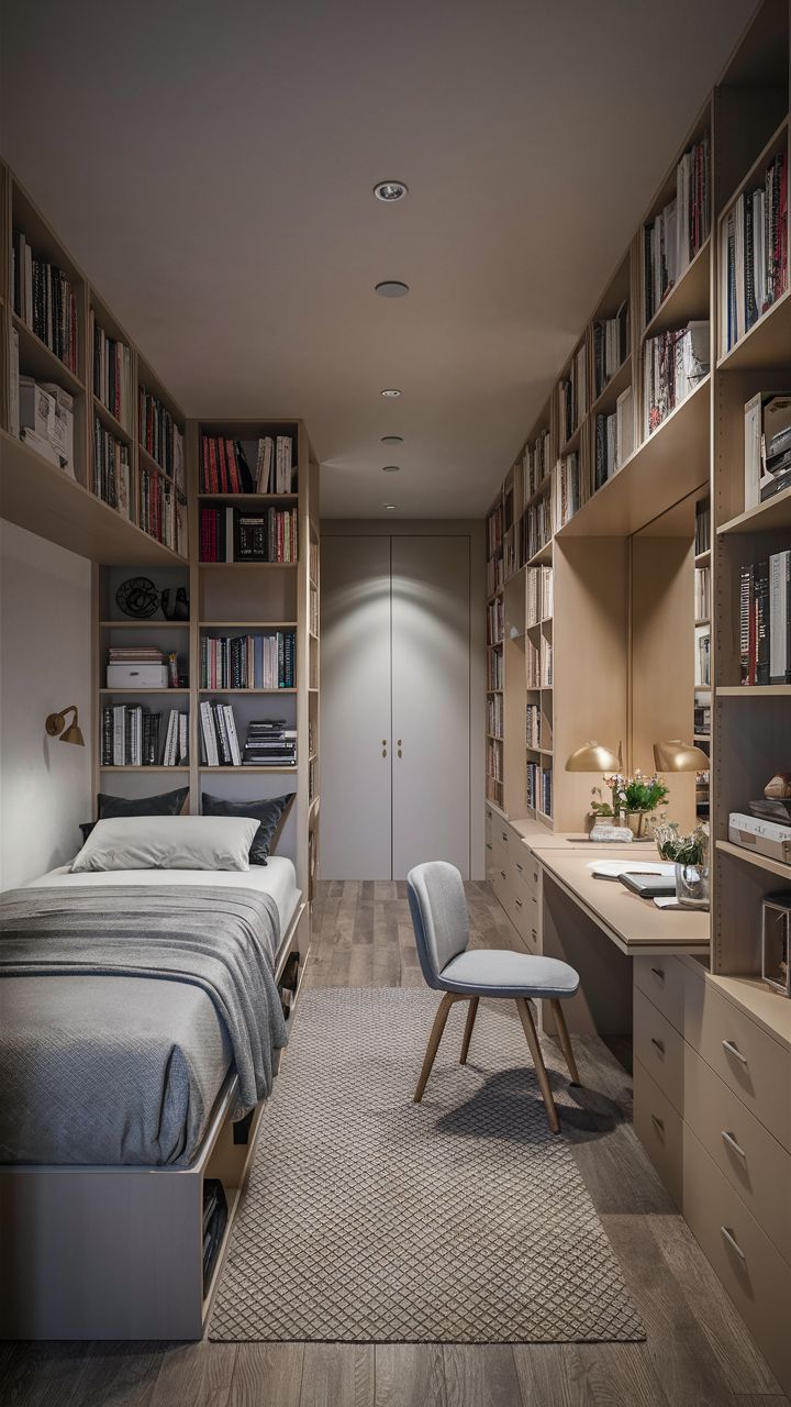 a bedroom with a bed, desk and bookshelves