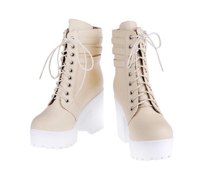 Department Name:Adult Item Type:Boots Pattern Type:Solid Boot Type:Motorcycle boots Season:Winter Model Number:5445454665 is_handmade:Yes Lining Material:Cotton Fabric Heel Height:High (5cm-8cm) Toe Shape:Round Toe Upper&Shaft Material:PU Closure Type:Lace-Up Boot Height:Mid-Calf Heel Type:Square heel Fashion Element:Rivet Platform Height:3-5cm Insole Material:Rubber With Platforms:Yes Outsole Material:Rubber Cream Ankle-high Lace-up Boots For Winter, Cream Round Toe Platform Boots For Winter, Cream Platform Boots With Round Toe For Winter, Winter Wedge Boots With Reinforced Heel And Round Toe, White Lace-up Heeled Boots For Winter, Casual Lace-up Heeled Boots For Winter, Cream Winter Outdoor Boots, Cream High-top Winter Boots, Beige High-top Martin Boots For Winter