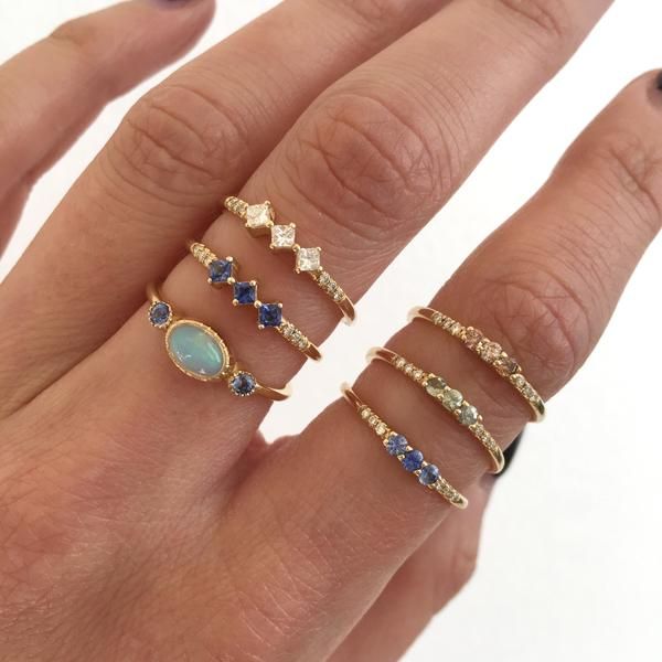 Blue Diamond Stackable Jewelry, Elegant Opal Gemstone Stackable Rings, Blue Opal Birthstone Ring In 14k Gold, Blue Multi-stone Diamond Birthstone Ring, Blue Diamond Multi-stone Birthstone Ring, Blue Multi-stone Stackable Rings As Gift, Blue Multi-stone 14k Gold Birthstone Ring, Blue Multi-stone Birthstone Ring In 14k Gold, 14k Gold Blue Multi-stone Birthstone Ring