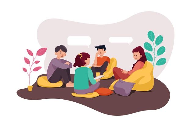 group of people sitting on the ground talking to each other with speech bubbles above them