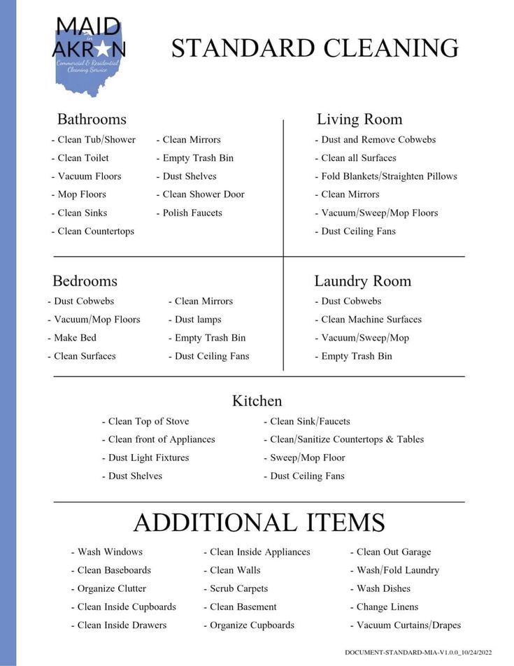 a blue and white poster with the names of several different items in each section, including cleaning supplies