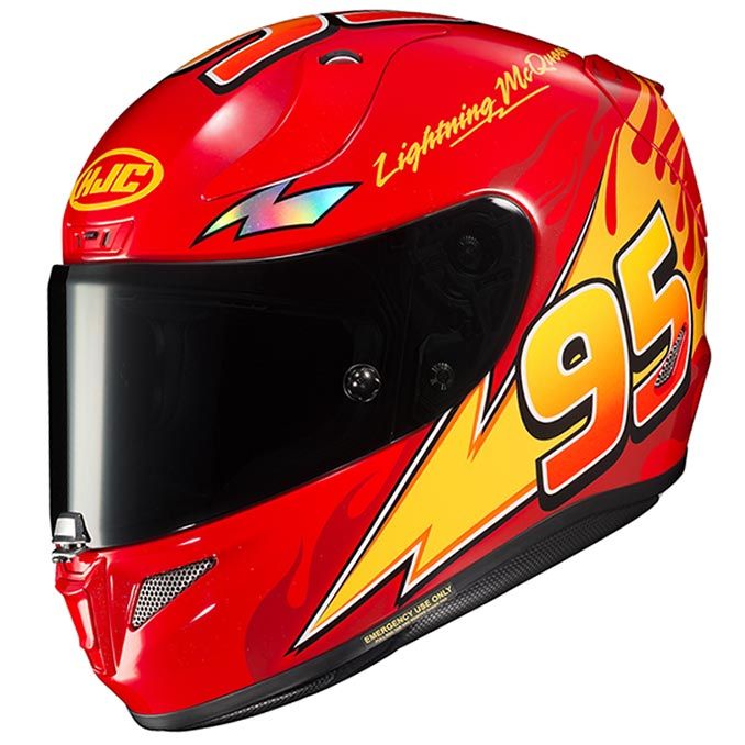 the helmet is red and yellow with flames on it's side, as well as an image of lightning man