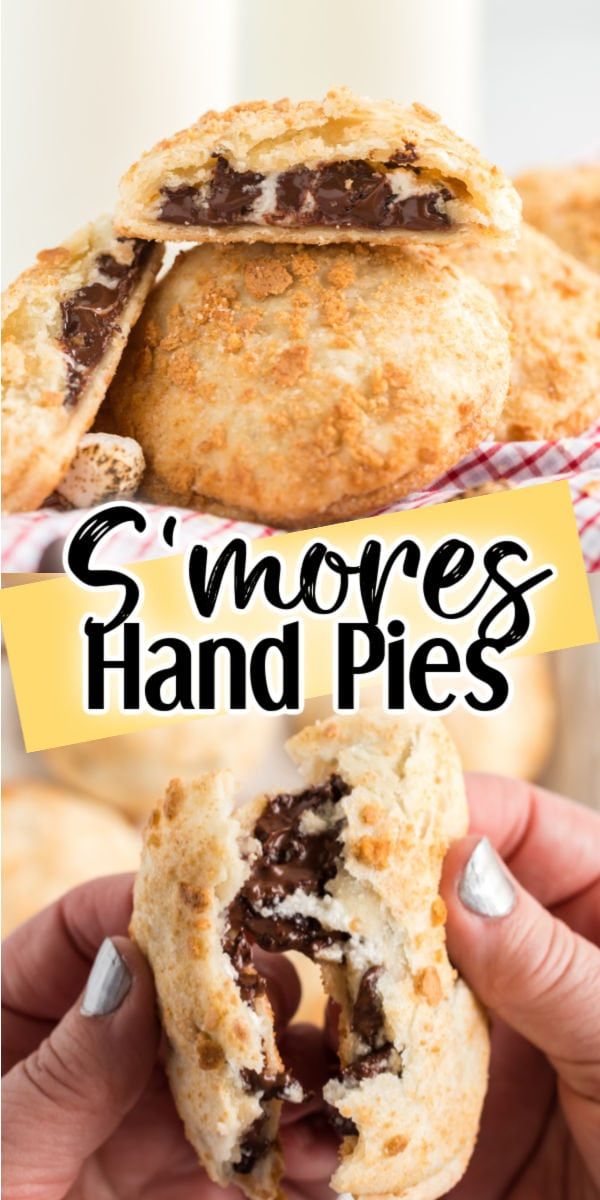 a hand holding a chocolate filled pastry with the words s'mores and pies above it