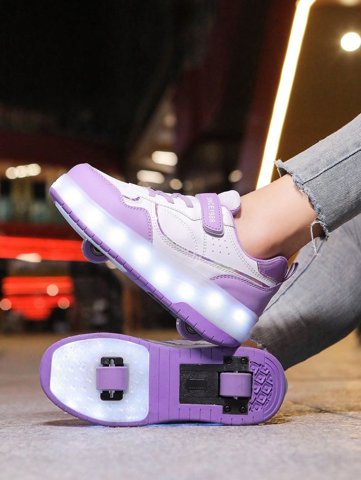 2-In-1 Girls LED Light-Up Roller Skates, Dual Wheels, USB Rechargeable, 11 Lighting Modes, 7 Color Changing, Unisex Cute Outdoor Sports Roller Blades Purple Sporty    Plain    Kids Shoes, size features are:Bust: ,Length: ,Sleeve Length: Light Up Roller Skates, Skates Shoes, Kids Roller Skates, Roller Skate Shoes, Purple Collar, Inline Skating, Roller Skates, 1 Girl, Casual Sport Shoes