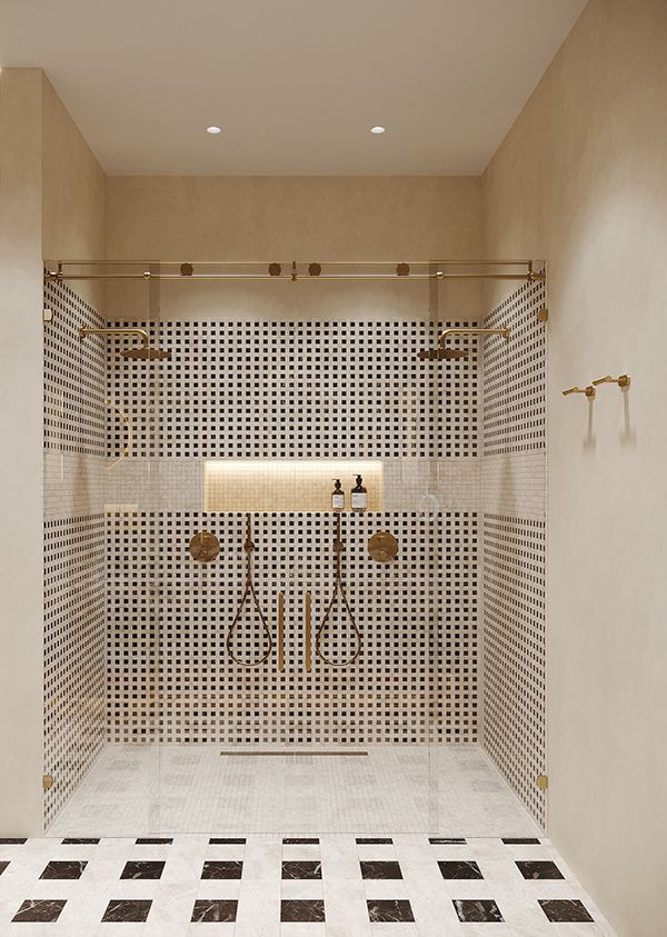 an empty bathroom with two sinks and mirrors on the wall, next to a tiled floor