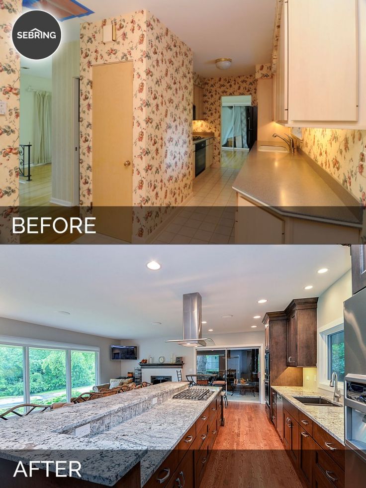 before and after pictures of a kitchen remodel with granite countertops, cabinets, appliances and wood flooring