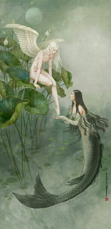 a painting of a mermaid and a fairy sitting on lily pads