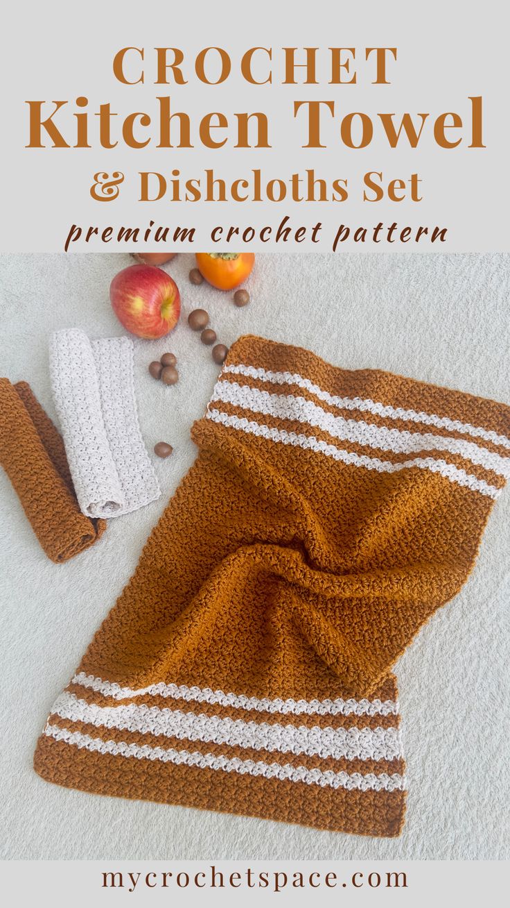 the crochet kitchen towel and dishcloth set is shown with an orange apple