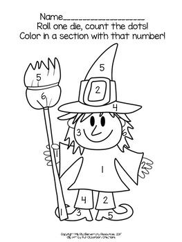 a coloring page with a girl in a witch hat holding a broom and numbers on it