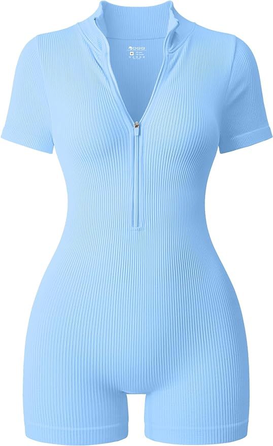 OQQ Women Rompers Ribbed Short Sleeve Zip Front Stretch Tummy Control Yoga Workout Rompers Blue Romper Outfit, Mc Ig, Body Suit Outfits, Ribbed Shorts, Lazy Day Outfits, Blue Romper, Romper Outfit, Crop Top Outfits, Yoga Workout