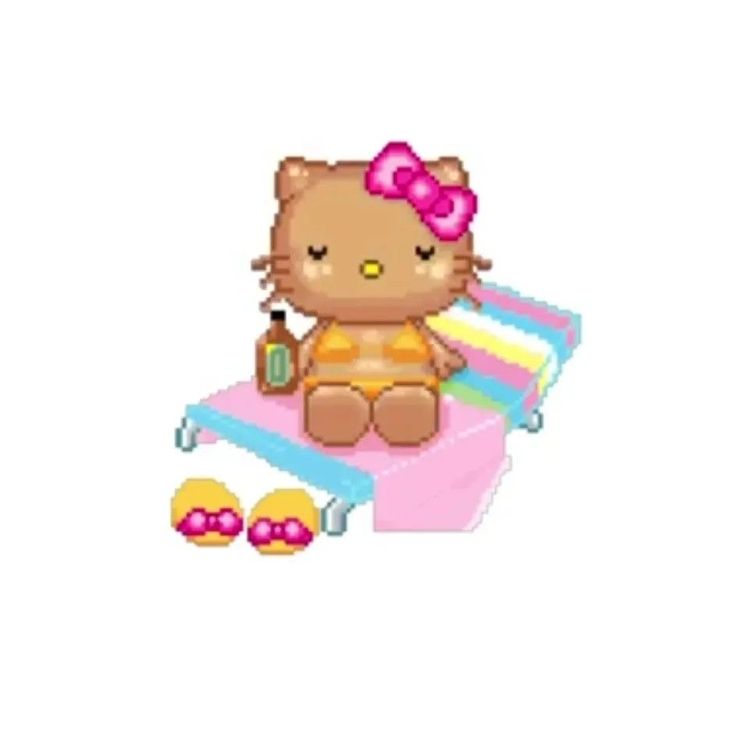 an image of a hello kitty sitting on top of a bed