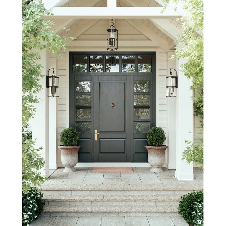 a black front door with two planters on the steps