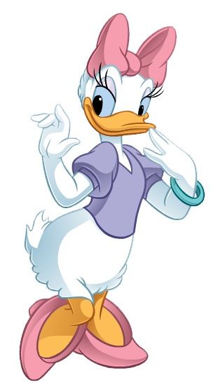 a cartoon duck wearing a purple shirt and pink shoes