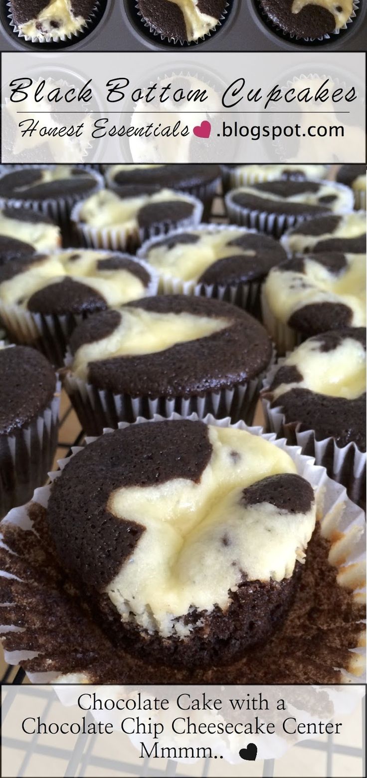 chocolate cupcakes with white frosting in the middle and on top are shown