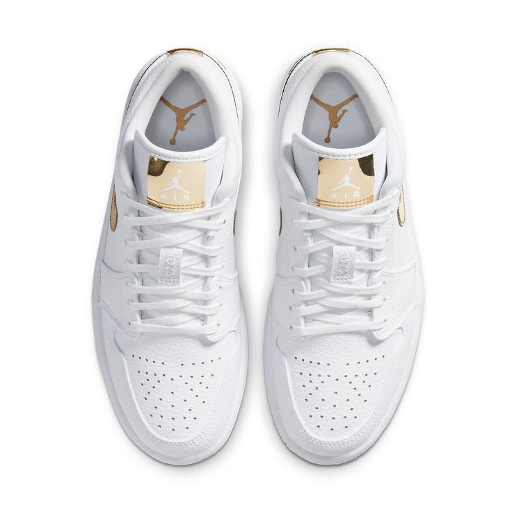 Womens Nike Air Jordan 1 Low SE "White Metallic Gold" Shiny gold Swoosh, Shiny gold tongue tag, Shiny gold Wings logo. Staple Sneakers, Air Jordan 1 Low White, Air Jordan 1 Women, Jordan 1 Low White, Jordan Yeezy, Jordan Model, Nike Air Jordan 1 Low, Womens Air Jordans, Nike Air Max For Women