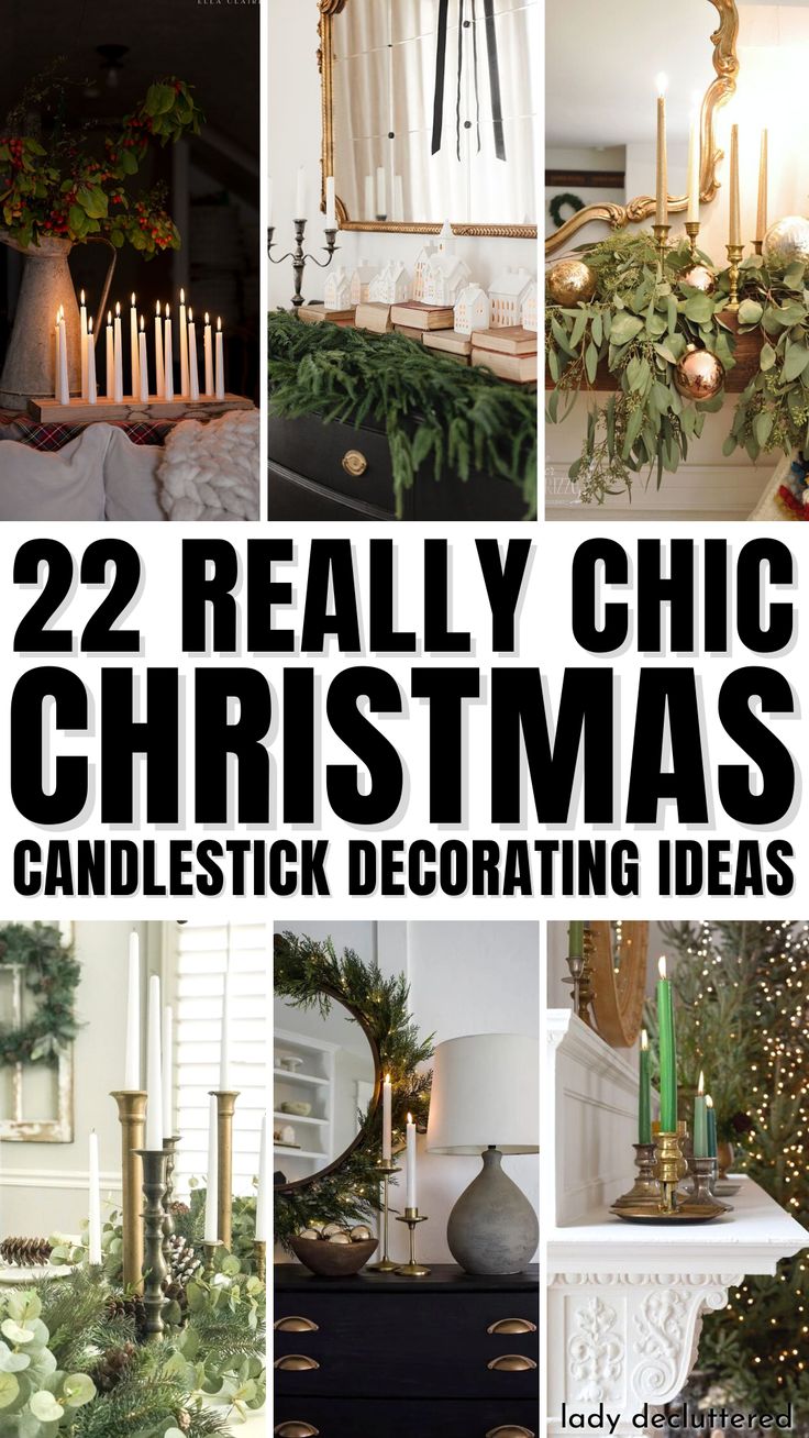 22 Really Chic Christmas Candlestick Decorating Ideas Christmas Sticks Decorations, How To Style Taper Candles, Christmas Decor With Candlesticks, Wooden Candle Holders Rustic Christmas, Candle Decor Christmas, Decorate With Candle Holders, Candlestick Decor Ideas Christmas, Large Candle Holders Decor Ideas, Candle Stick Christmas Table Decor