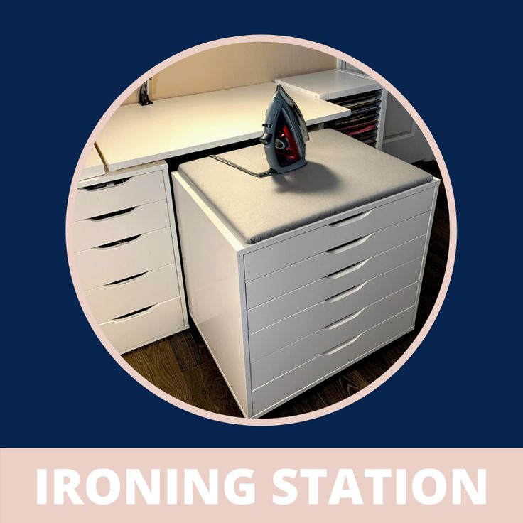 an ironing station is shown with the words ironing station below it