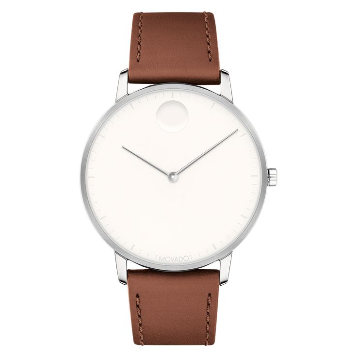 stainless steel case with a white dial on a cognac leather strap White Gold Leather Watch With Polished Finish, Modern Leather Watch With Polished Finish, White Leather Watch With Analog Display, White Leather Analog Watch, Luxury White Leather Watch Accessories, Formal White Leather Strap For Watches, White Watch Accessories With Leather Strap And Round Dial, White Leather Strap Watch Accessories With Round Dial, Luxury White Watches With Leather Strap