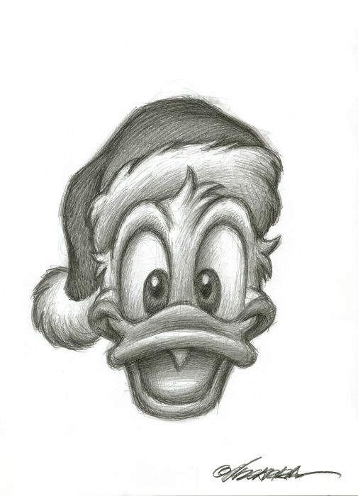 a pencil drawing of a ducky face wearing a santa hat with his nose open