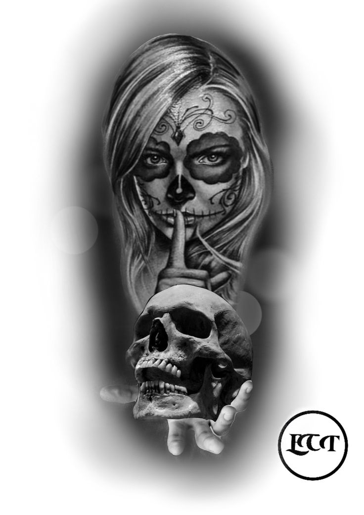 a woman's face and skull tattoo on her left arm, with the finger pointing to