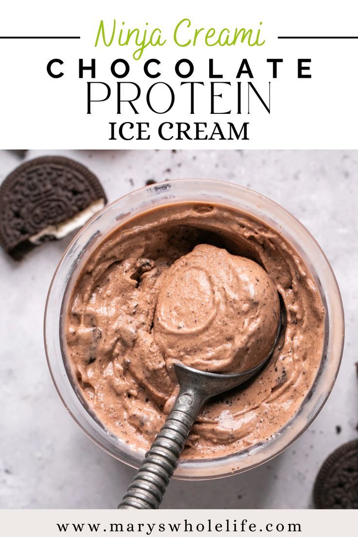 chocolate ice cream in a glass bowl with an oreo cookie on the side and text overlay