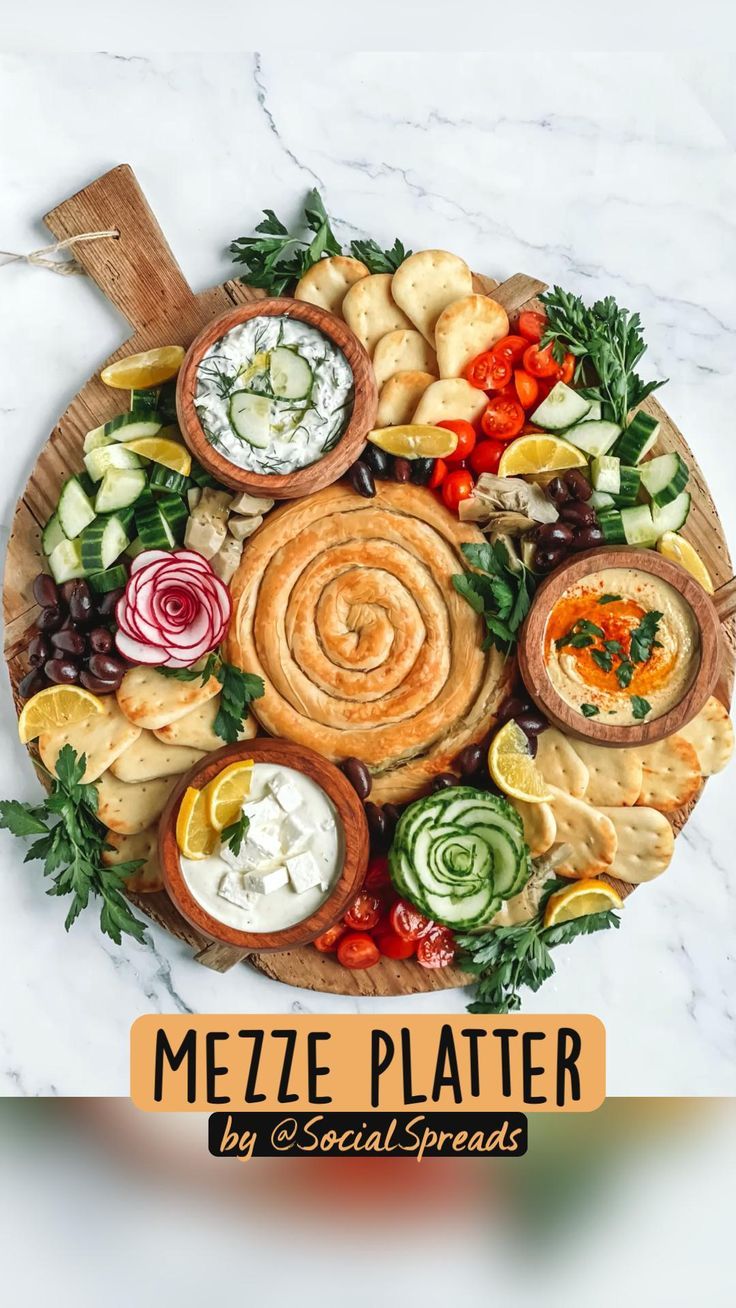 the mediterranean greek platter on a marble counter top with text overlaying it