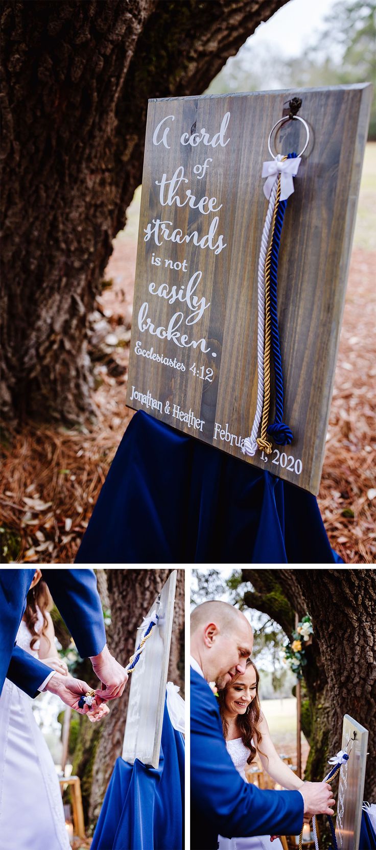 the bride and groom are getting married under a tree