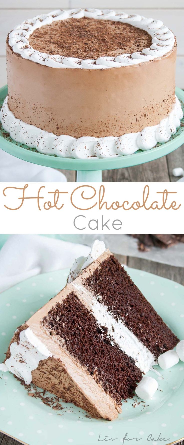 two pictures of a chocolate cake with white frosting