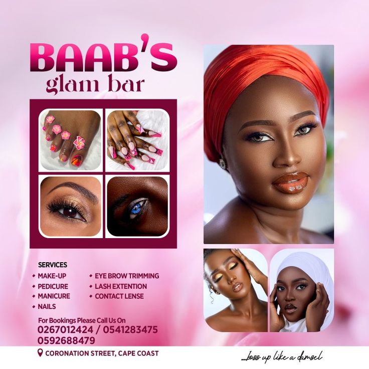 the advertisement for baab's glam bar is shown in pink and white